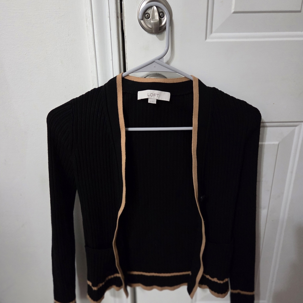 LOFT Women's Black Cardigan with Tan Trim XS